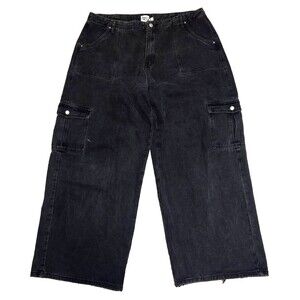 Princess Polly Wide Leg Cargo Jeans Women’s Size 12 Black Washed Faded High Rise